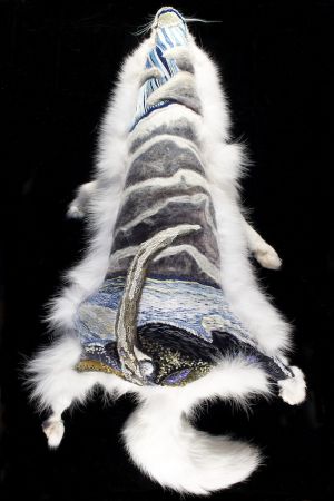 Image: Willow Rector, The Singing Bone, 2013, hand embroidery on Arctic fox pelt, 28" x 14 1/2" x 8". Photograph by William Eakin.