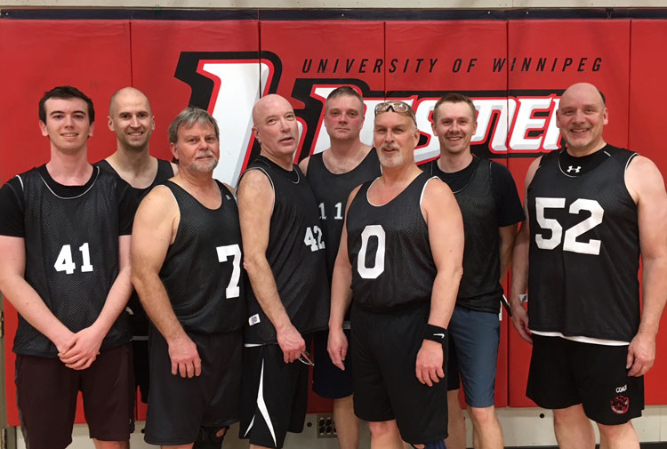 Team Old School group photo in 2018. Cal Kowcun is wearing number 42, Glen Middleton is wearing number 0, and Tim Kist is wearing number 52. Photo supplied.