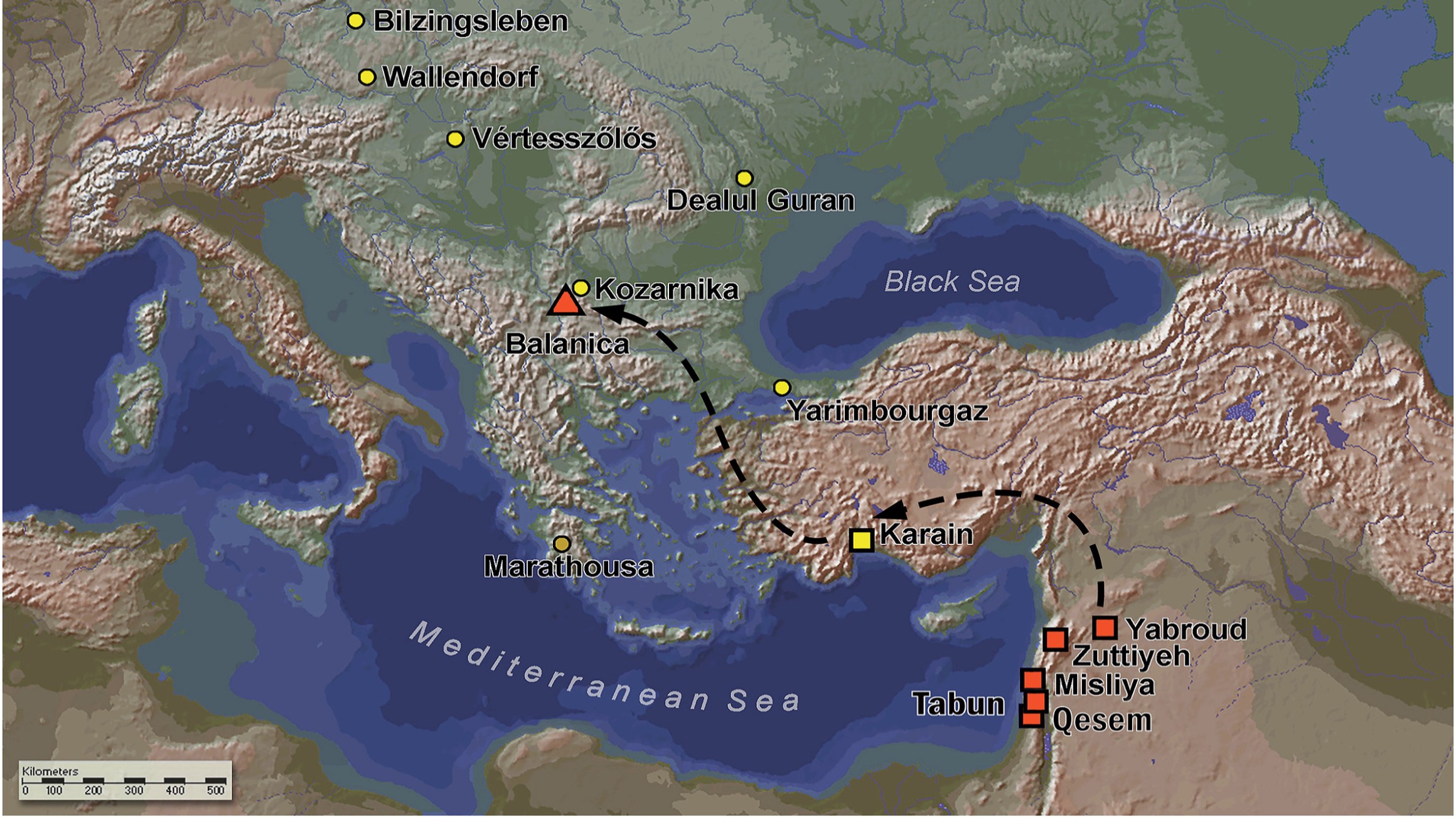 Map of the principal non-Acheulean Middle Pleistocene sites in Central and Southeastern Europe, Anatolia, and the Levant.