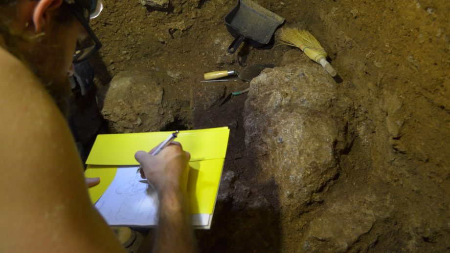 Researchers recover maxillary fragment at the excavation site.