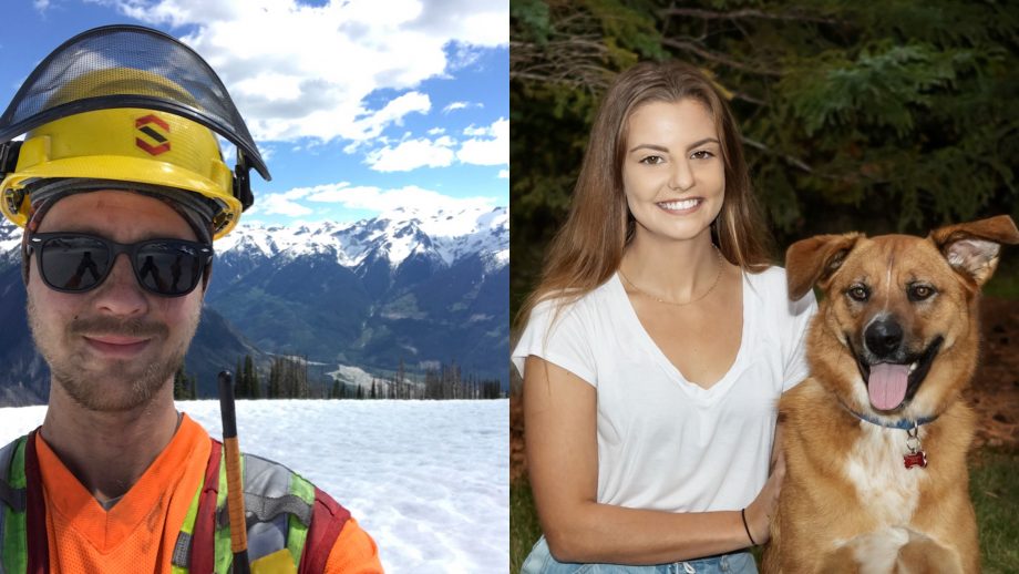 Separate head shots of Mike McGarry wearing head gear on a snow capped mountain and Karla Sewell with her dog.