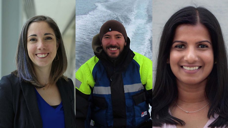 Head shots of Early Career Researchers Stephanie Bugden, Jean-Pierre Desforges, and Sanoji Wijenayake