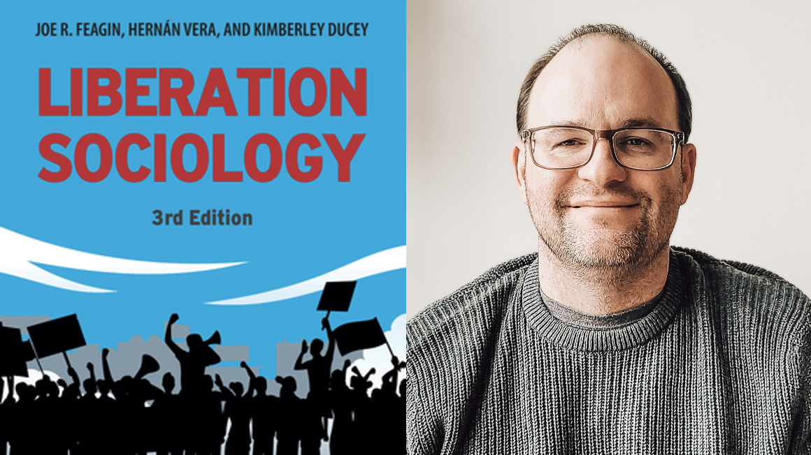 Cover of the book Liberation Sociology and a head shot of Dr. Kevin Walby.