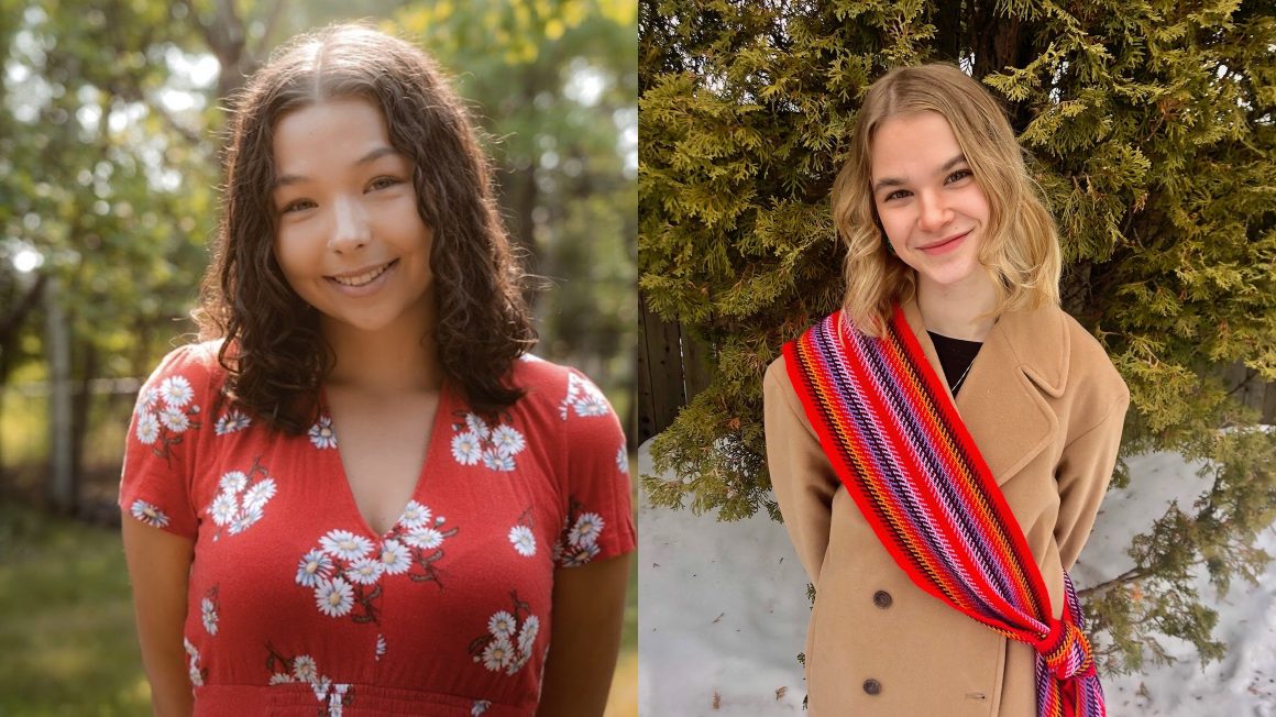 Cassidy Lamirande standing with trees in the background in the summer and Gracie Grift wearing a Metis sash in front of cedar trees in the winter