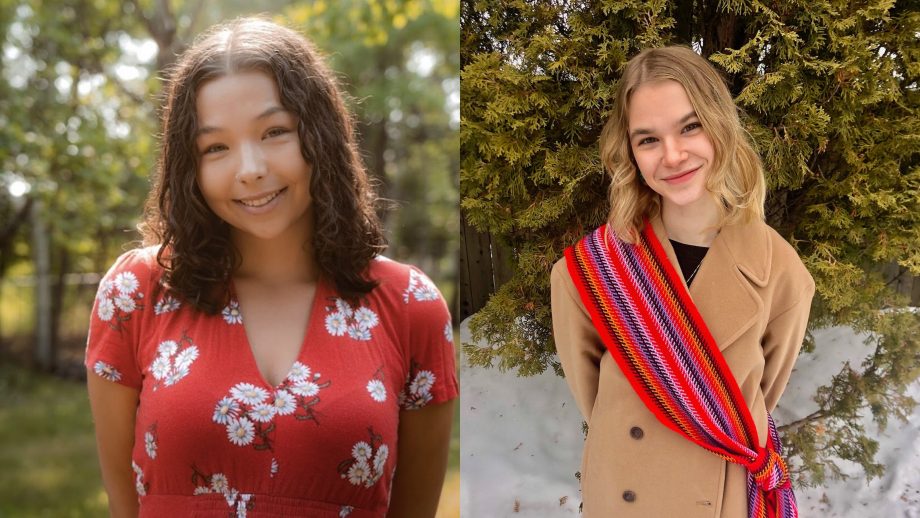 Cassidy Lamirande standing with trees in the background in the summer and Gracie Grift wearing a Metis sash in front of cedar trees in the winter