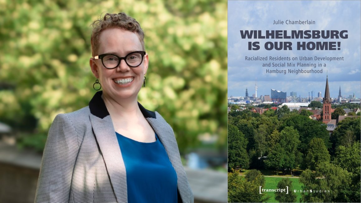 Dr. Julie Chamberlain's headshot photo next to a picture of the cover of her book titled Wilhelmsburg is our home!