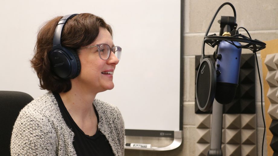 Dr. Anna Stokke recording a podcast
