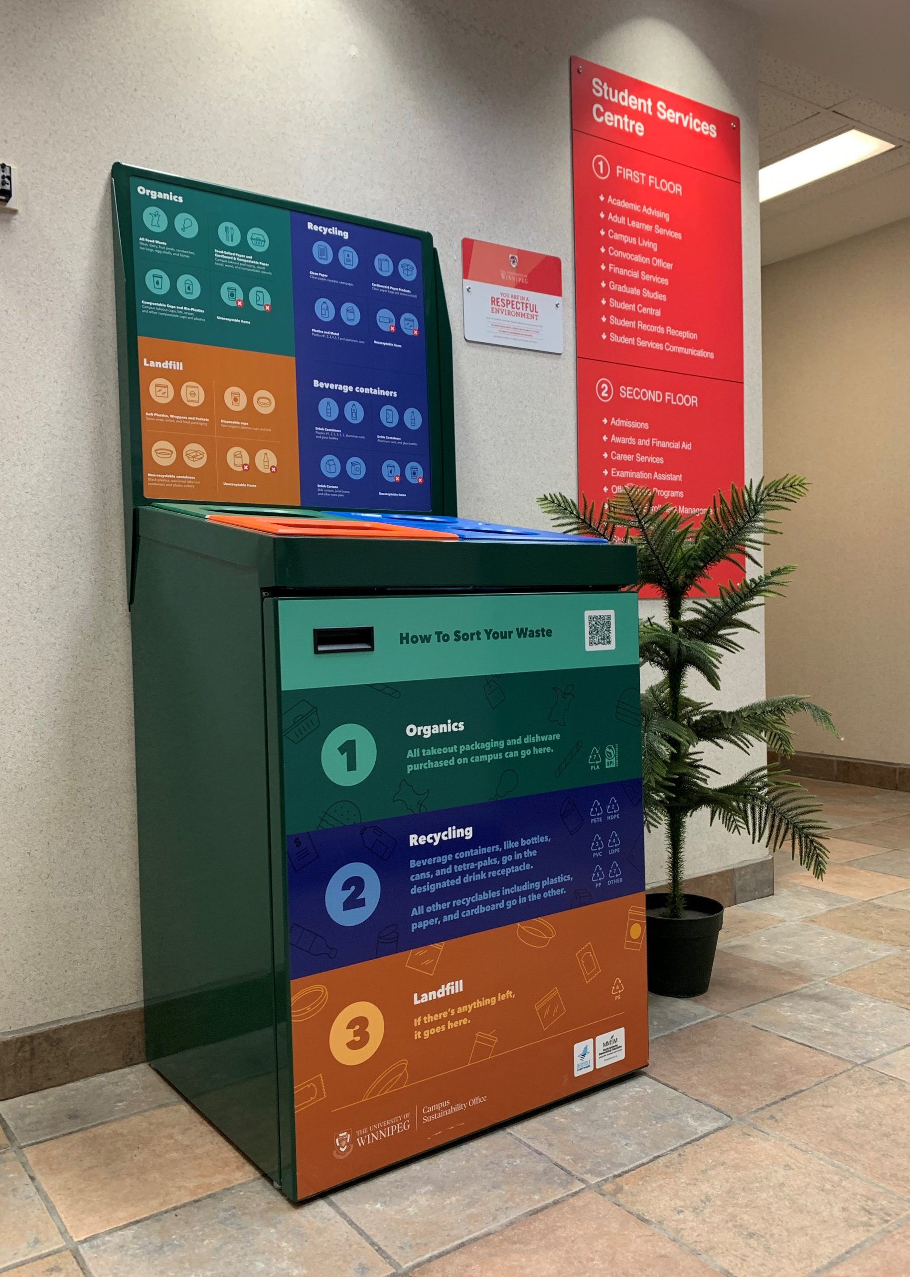 A new multi-stream waste bin on the second floor of the Rice Centre. 