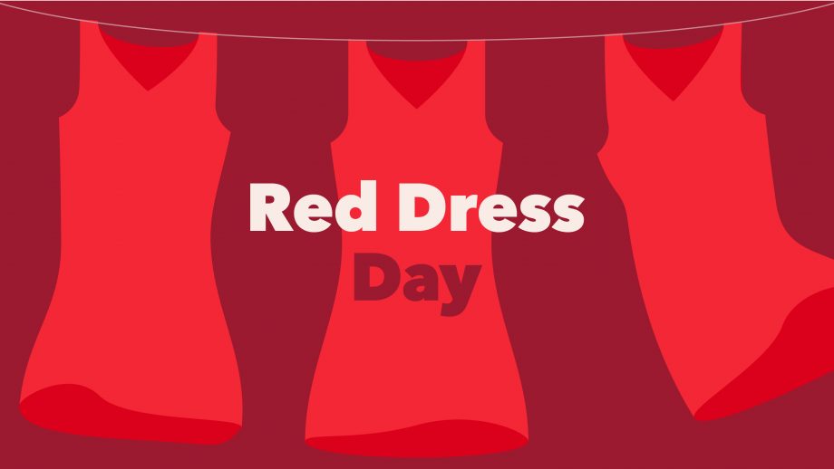 Red Dress Day graphic of three red dresses hanging on a clothesline.