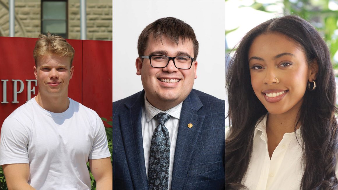 Head shots of The University of Winnipeg's 2023 Spring Convocation Valedictorians: Simon DePasquale, Shae Torres, and Cameron Adams.