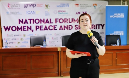 Katrina Leclerc speaks at a forum in Kampala, Uganda in April 2022. 