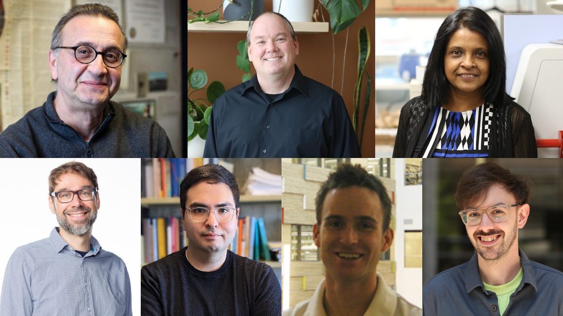 Head shots of Drs. Ed Cloutis, Stephen Smith, Darshani Kumaragamage, Ross Stokke, Lian Smythe, Joshua Hollett, and Brandon Goulding.