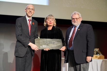 Ruth Hastings, President and CEO of Qualico and Rancho, receives the 2023 Duff Roblin Award from Javier Schwersensky, President and CEO of the University of Winnipeg Foundation, and Rev. Stefan Jonasson, Chair of the Board of Regents.