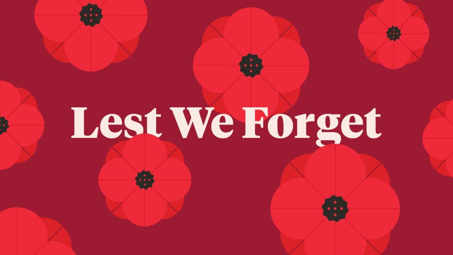 Remembrance Day graphic featuring white text on red poppy background.