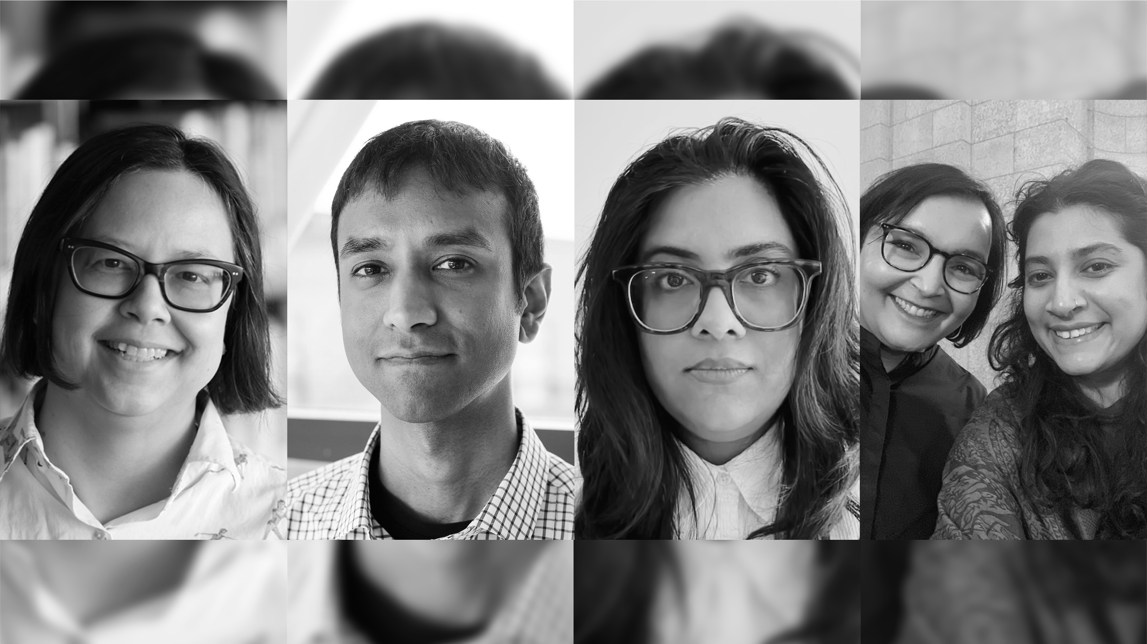 This is a black and white photo of just headshots of Larissa Wodtke, Jason Hannan, Farra Yasin, Sharanpal Ruprai, and Zabeen Khamisa