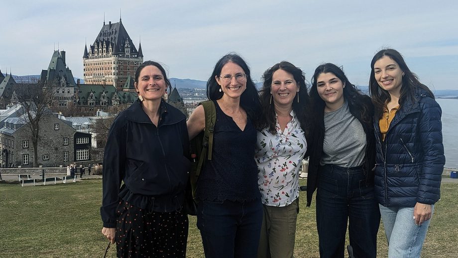 Dr. Adèle Garnier, Dr. Agnès Blais , Dr. Shauna Labman, Claire Horsin and Dr. Natella Malazoniia standing on a hill in Quebec City