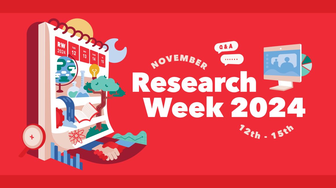 Graphic with red background and white text reading Research Week 2024