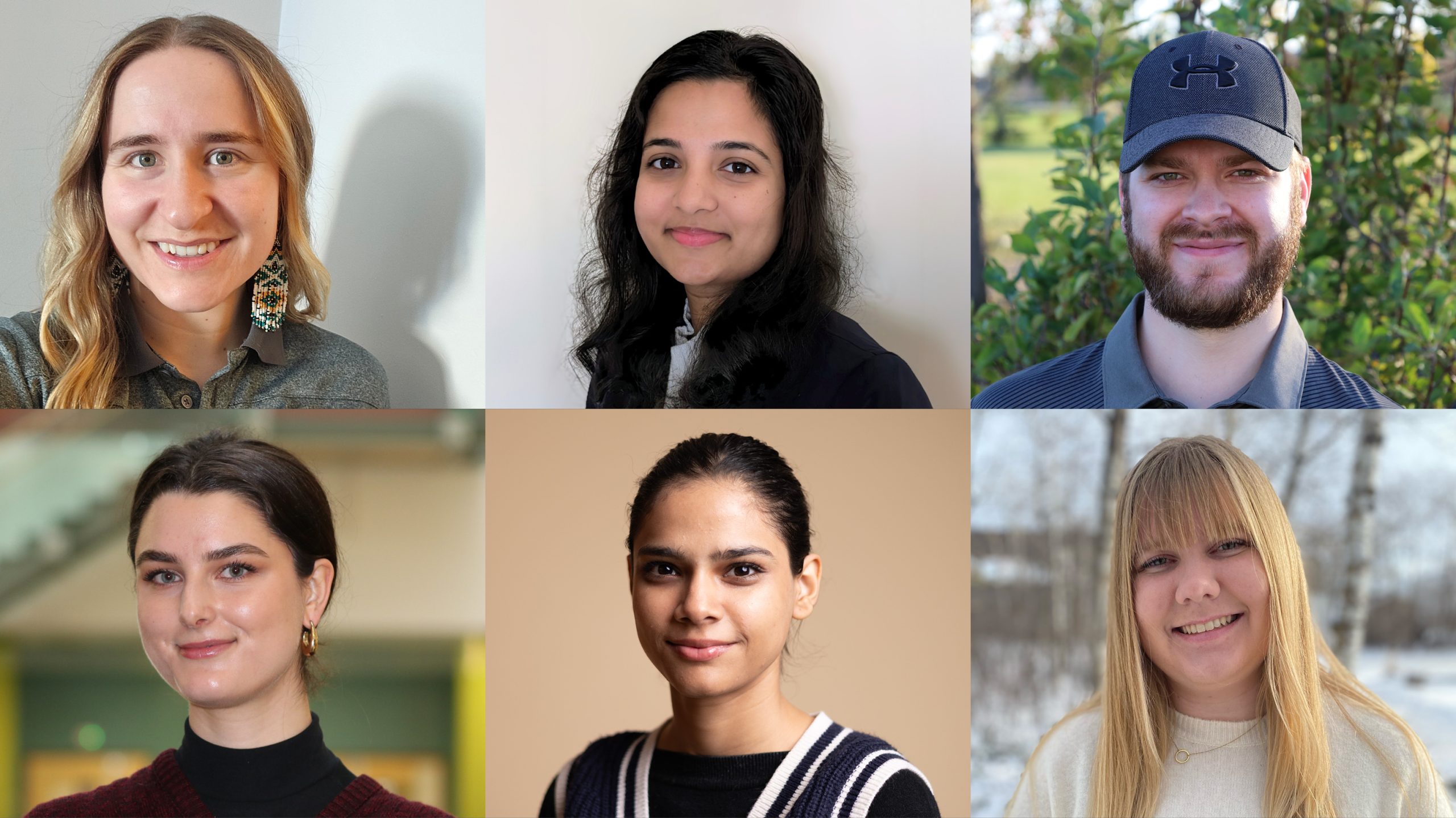 Six student headshots with varying backgrounds, arranged in two tiled rows.