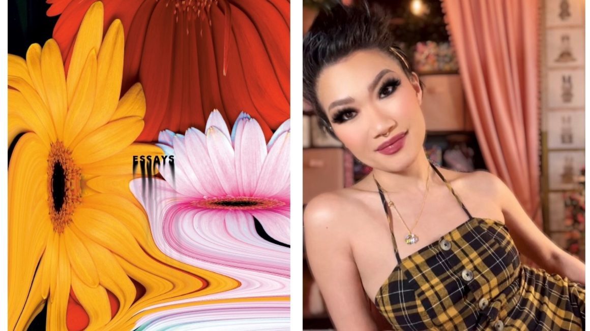 Split image of floral book cover (on left) and headshot of Jenny Heijun Wills (on right).