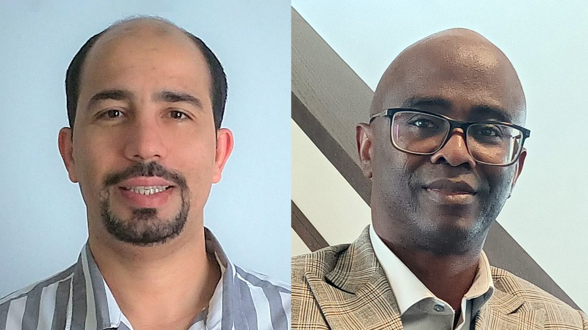 Dr. Yaser Al Mtawa in front of a blue background on the left, and Dr. Victor Balogun in front of a patterned background on the right.