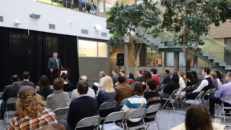 Dr. Todd Mondor, President and Vice-Chancellor, welcomes attendees to the PhD in Bioscience and Policy launch celebration.