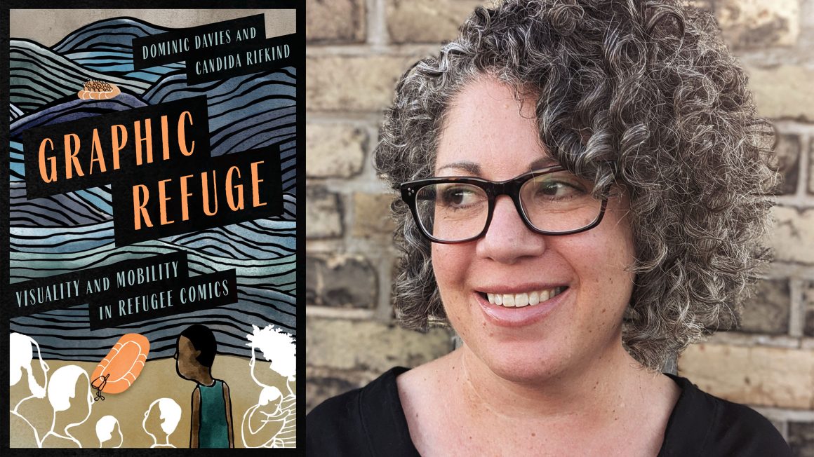 A woman with glasses and curly hair is pictured next to a book cover with the title, "Graphic Refuge."