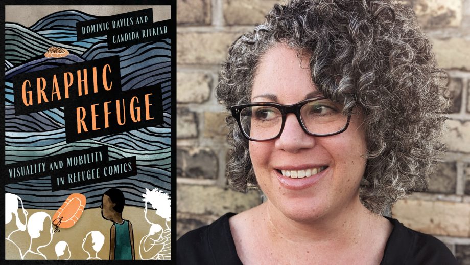A woman with glasses and curly hair is pictured next to a book cover with the title, "Graphic Refuge."