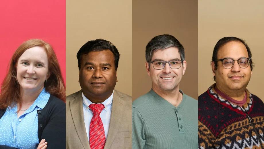 Dr. Nora Casson in front of a red background; Dr. Md Hossain, Dr. Russell Mammei, and Dr. Narad Rampersad all in front of tan backgrounds.