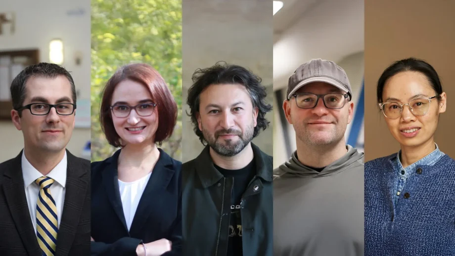 Photo collage of Dr. Justin Friesen, Dr. Olya Bryksina, Dr. Matthew Flisfeder, Dr. Kevin Walby, and Dr. Yonshan He.