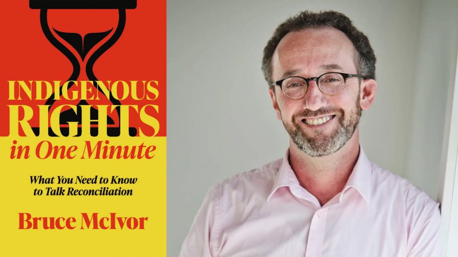 Bruce McIvor in front of a white background with his book cover on the left.