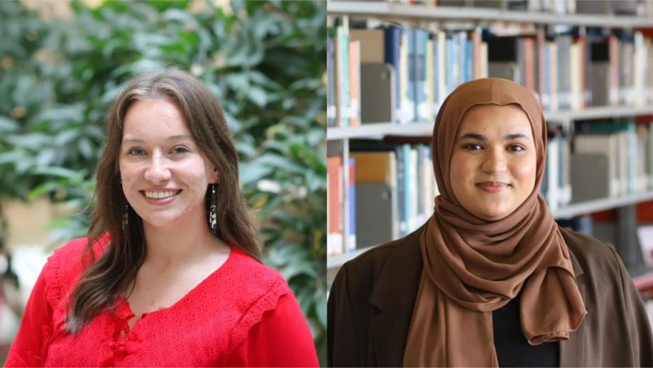 Hope Human standing in front of trees and Safia Soussi Gounni standing in front of a stacks of books in a library
