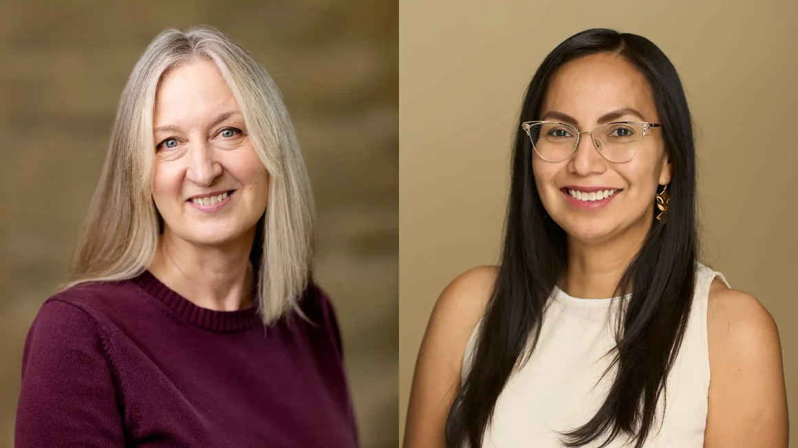Marnie Loewen in front of a beige wall (left) and Angeline Nelson in front of a tan background (right).