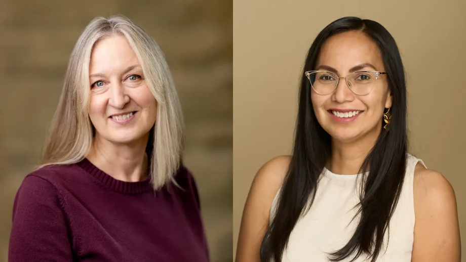 Marnie Loewen in front of a beige wall (left) and Angeline Nelson in front of a tan background (right).