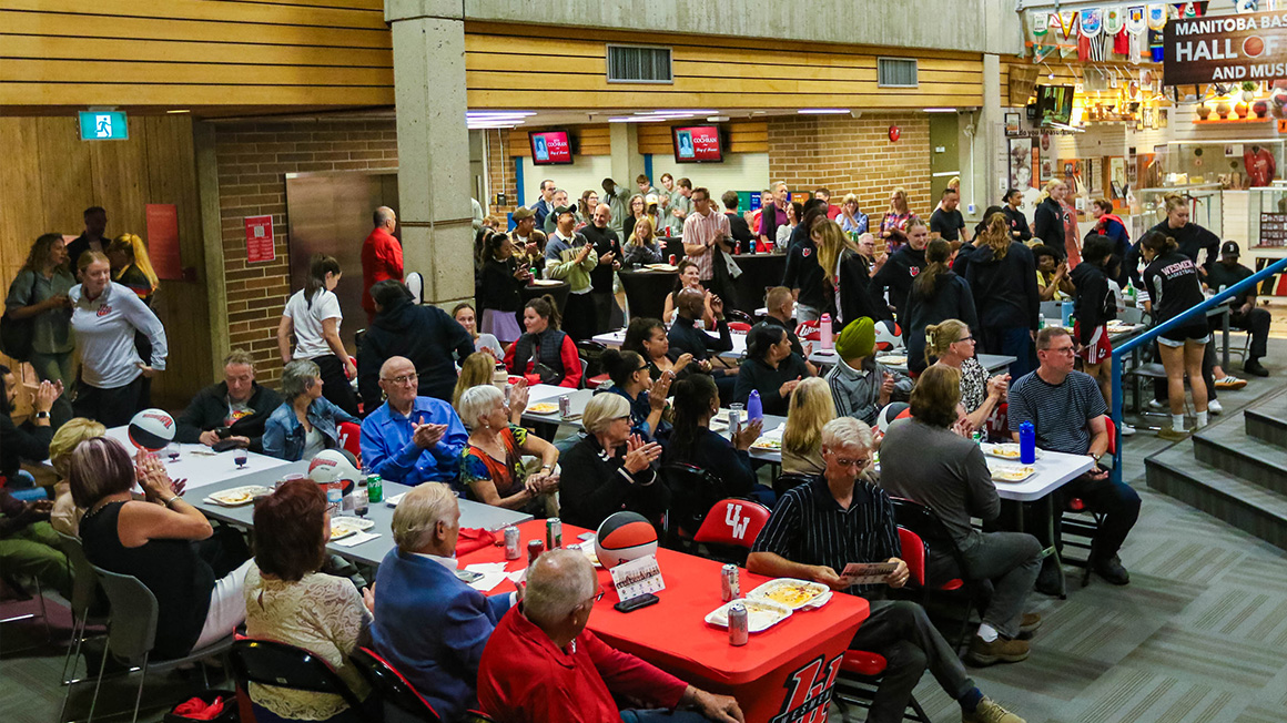 People gathering around tables