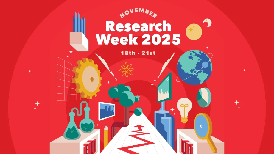 A Research Week graphic on a red backdrop.