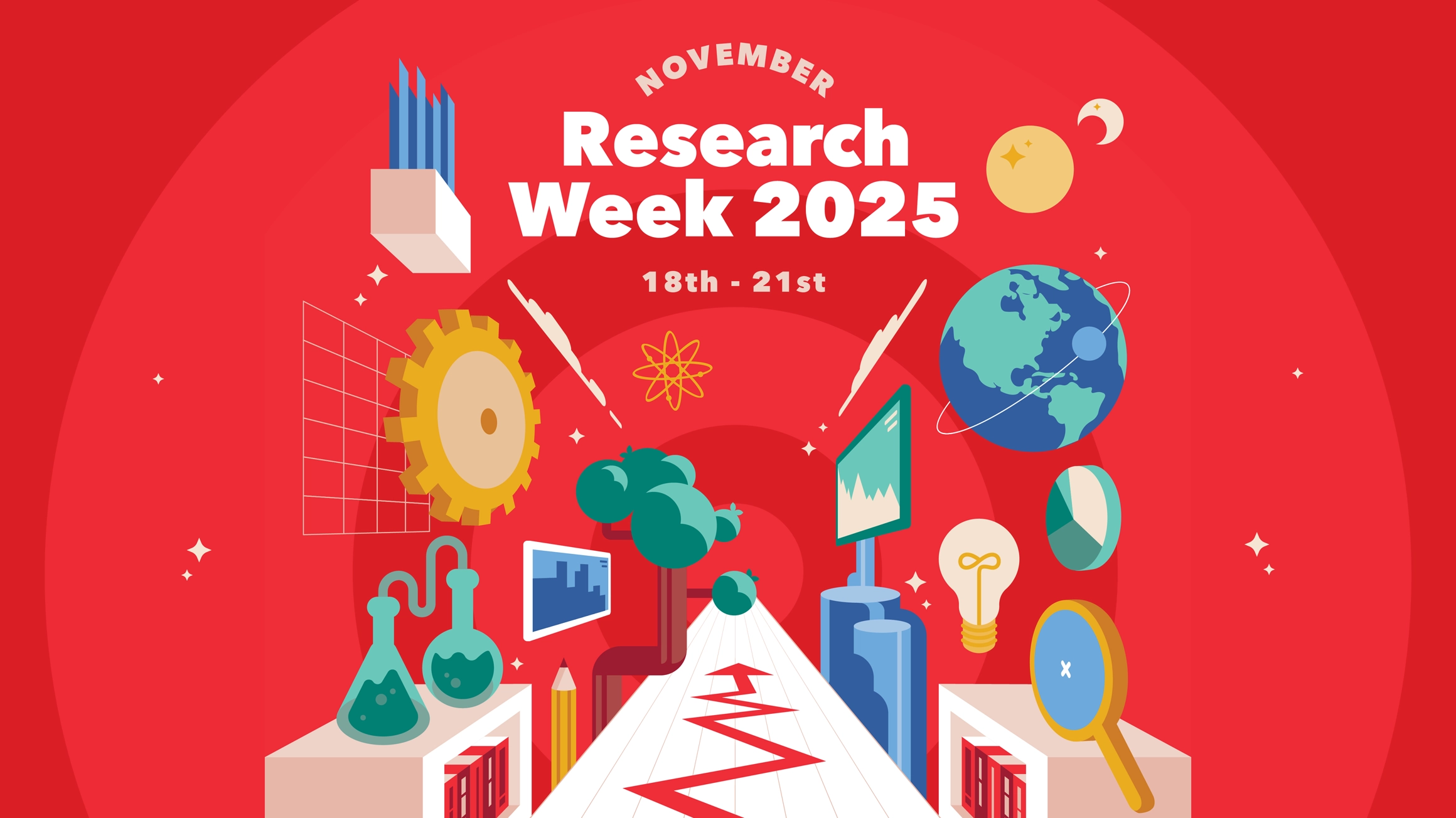 A Research Week graphic on a red backdrop.