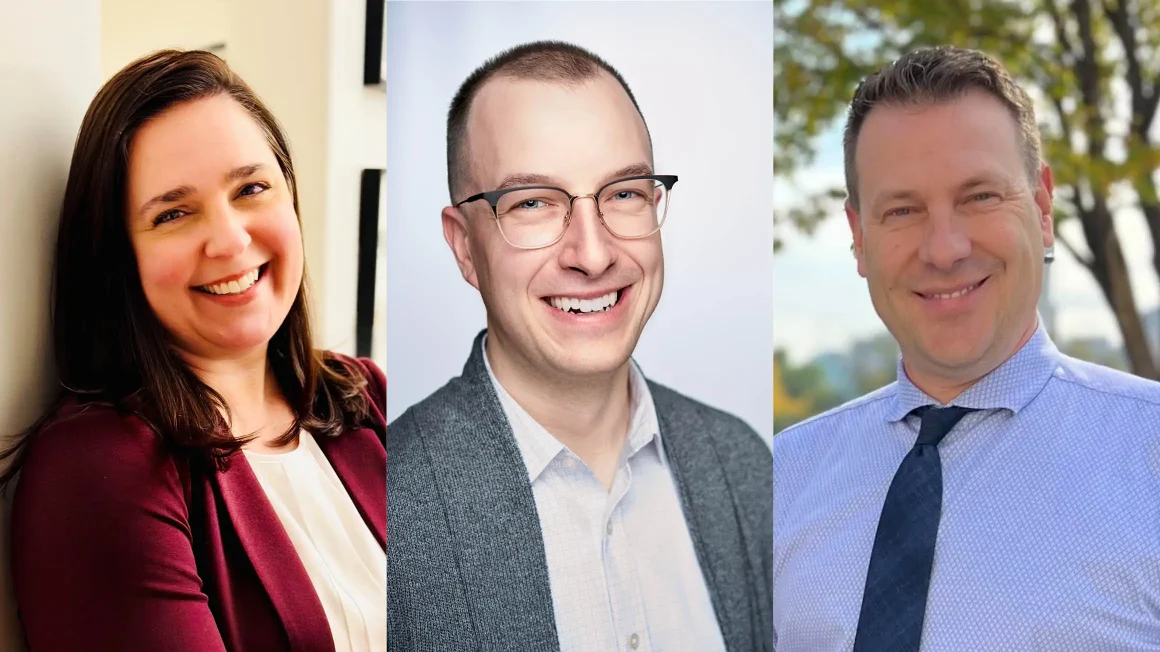 A smiling woman and two smiling men are pictured in a composite image of three separate headshots.