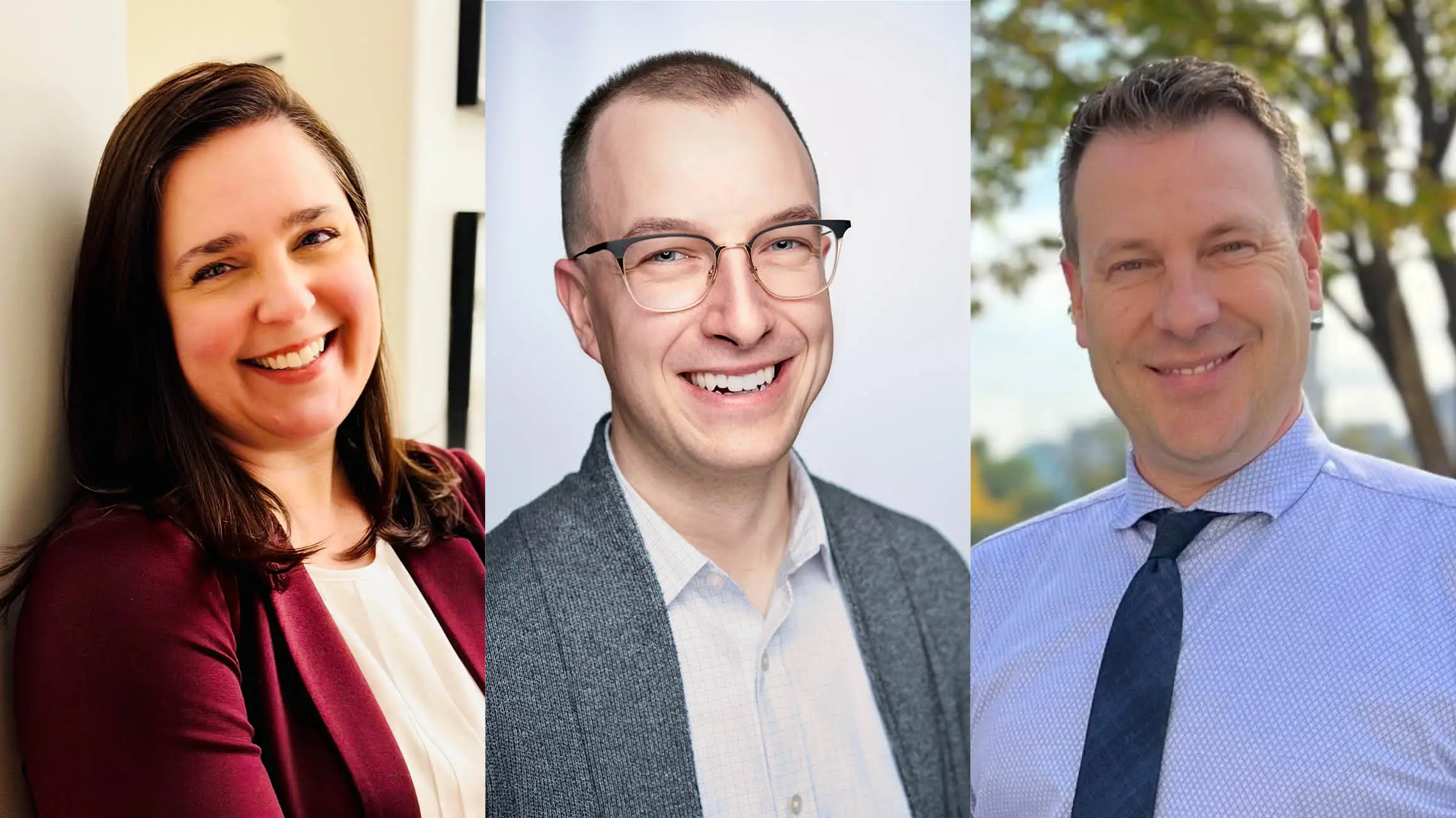 A smiling woman and two smiling men are pictured in a composite image of three separate headshots.