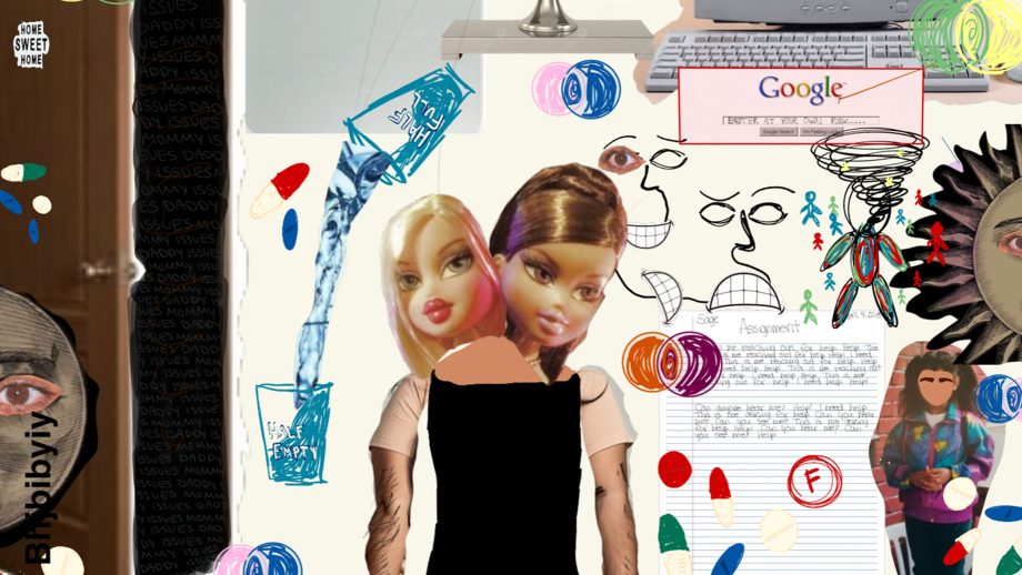 mixed collage of barbie heads and body, writing, sketched faces