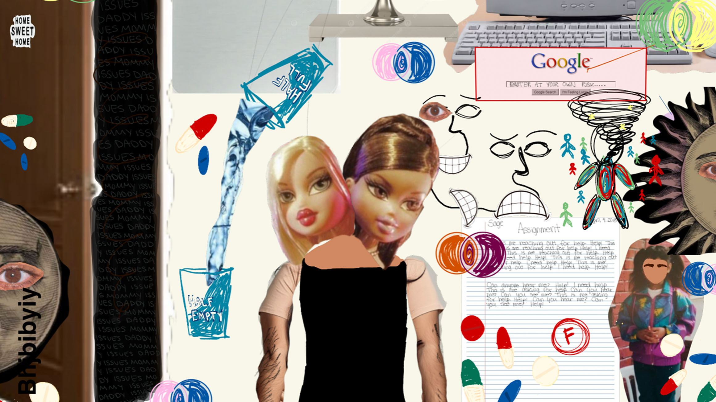 mixed collage of barbie heads and body, writing, sketched faces
