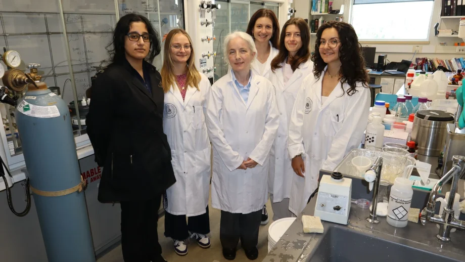 Six chemists, five of whom are wearing white lab coats and one of whom is wearing a black lab coat, stand in a chemistry lab.