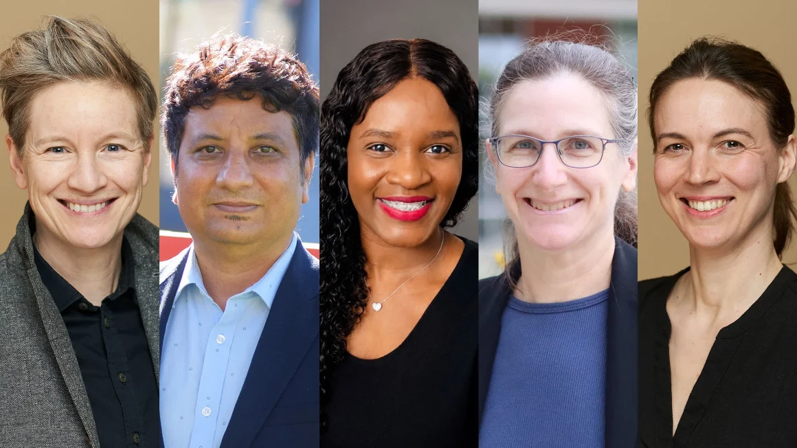 Five professor portraits side by side.