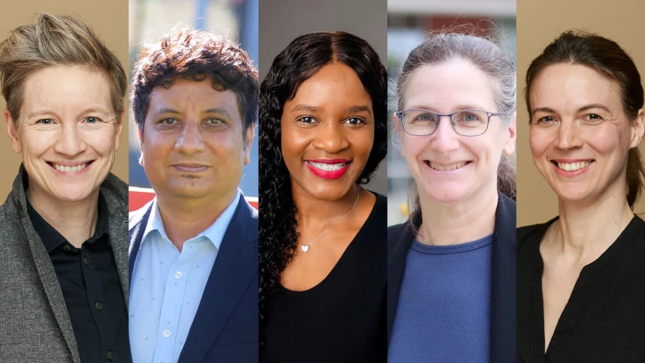 Five professor portraits side by side.
