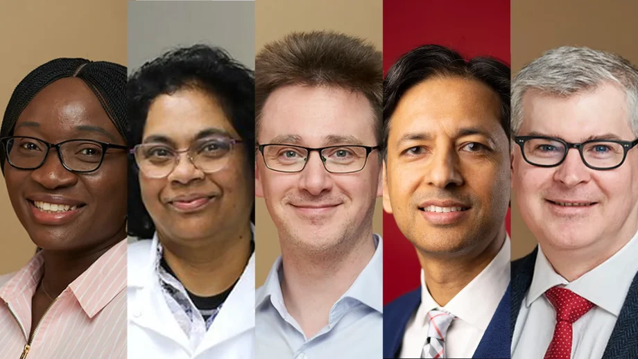 Photo collage of Dr. Mary Adedayo, Dr. Srimathie Indraratne, Dr. Jamie Ritch, Dr. Jitendra Paliwal, and Dr. Caleb Hasler in front of varied backgrounds.