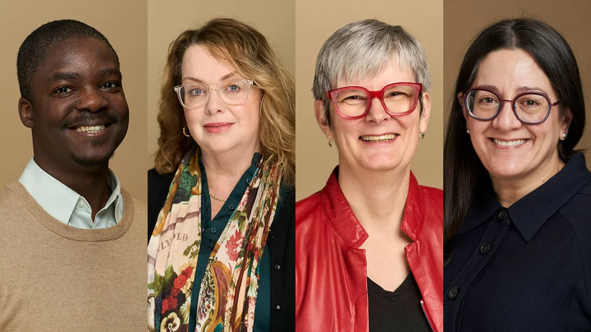 Four individual portraits of faculty members placed side-by-side against a tan studio backdrop.