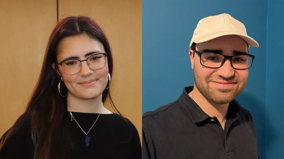 Side-by-side portraits of a female student with long brown hair and glasses and a male student with glasses and a light-coloured hat.