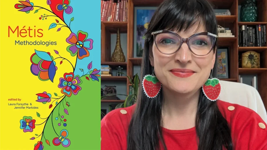 Métis Methodologies book cover beside Laura Forsythe in a red sweater and strawberry beaded earrings.