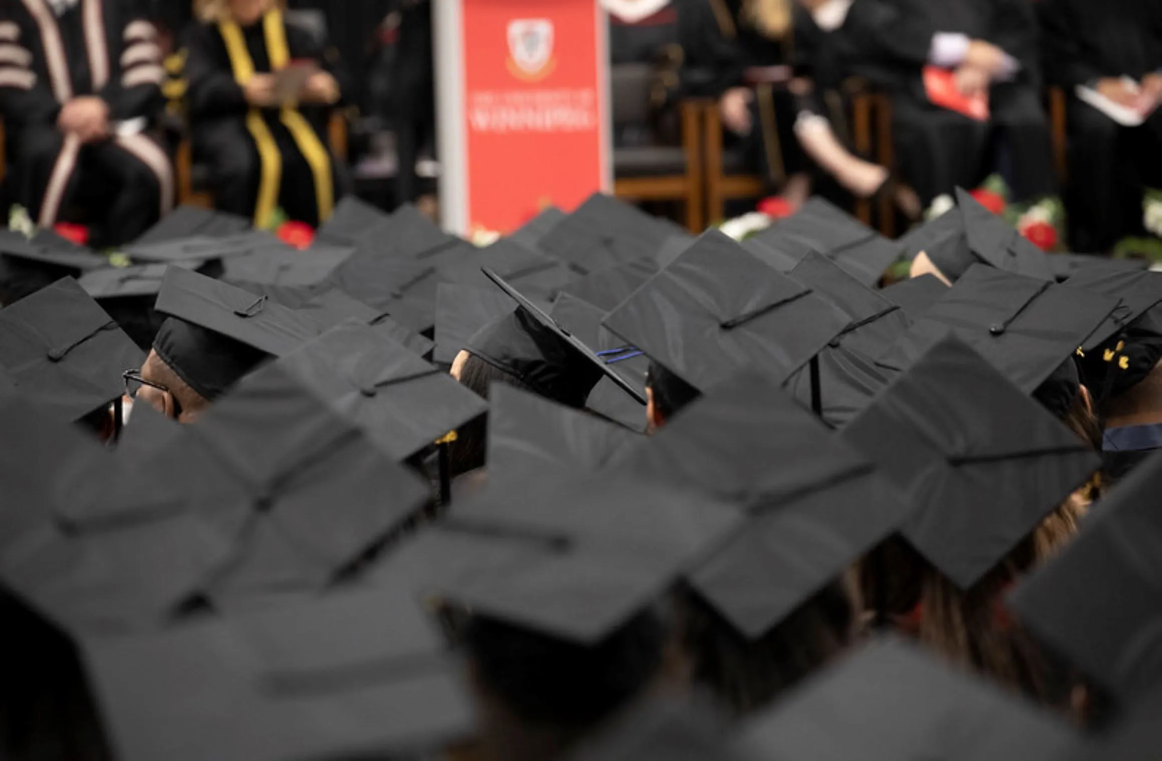 Black caps of graduates with the stage in the background.