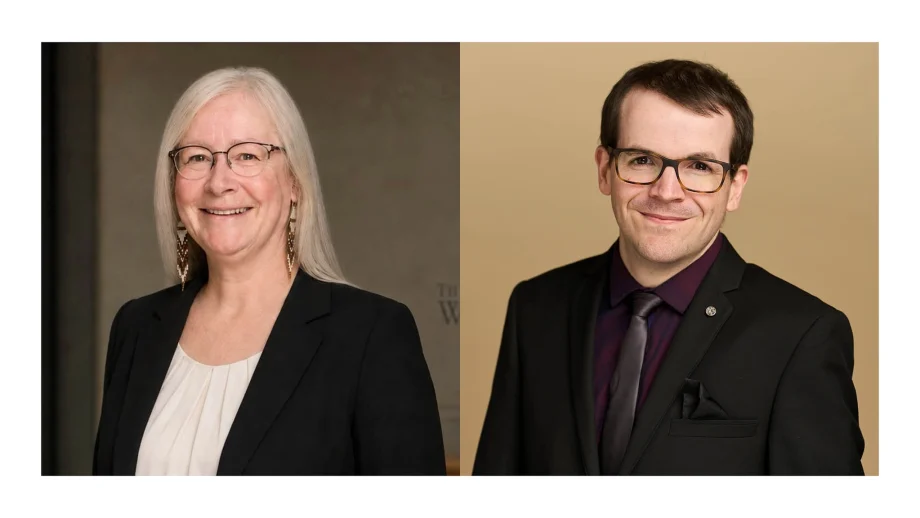 Left to right: Dr. Yvonne Vizina in front of a grey background and Dr. Michael Holden in front of a tan background.